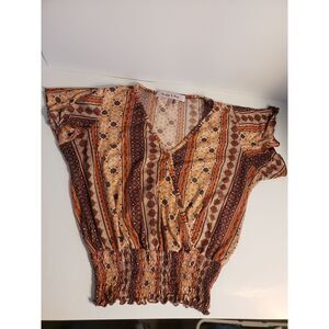 Harlow & Rose Floral Blouse Smocked Waist Boho Top Flowy Brown Orange S